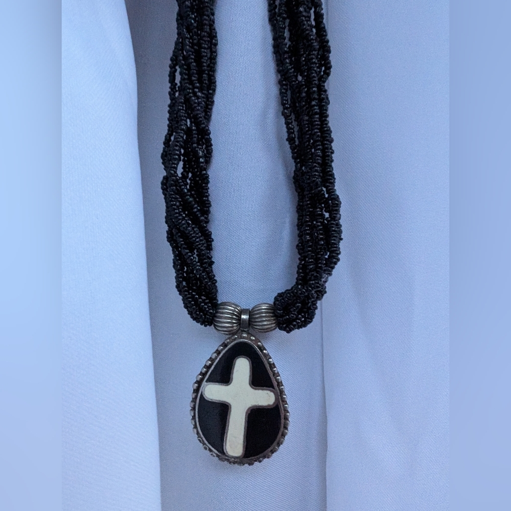 Black Beaded Necklace With Cross Pendant